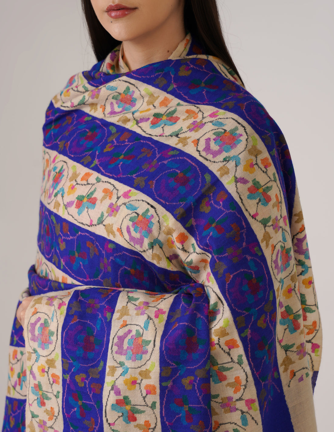 Kashmiri Handwoven Kani Embroidered Pashmina Shawl – Off White &amp; Blue | Kalamkari Heritage - Kashmir Box