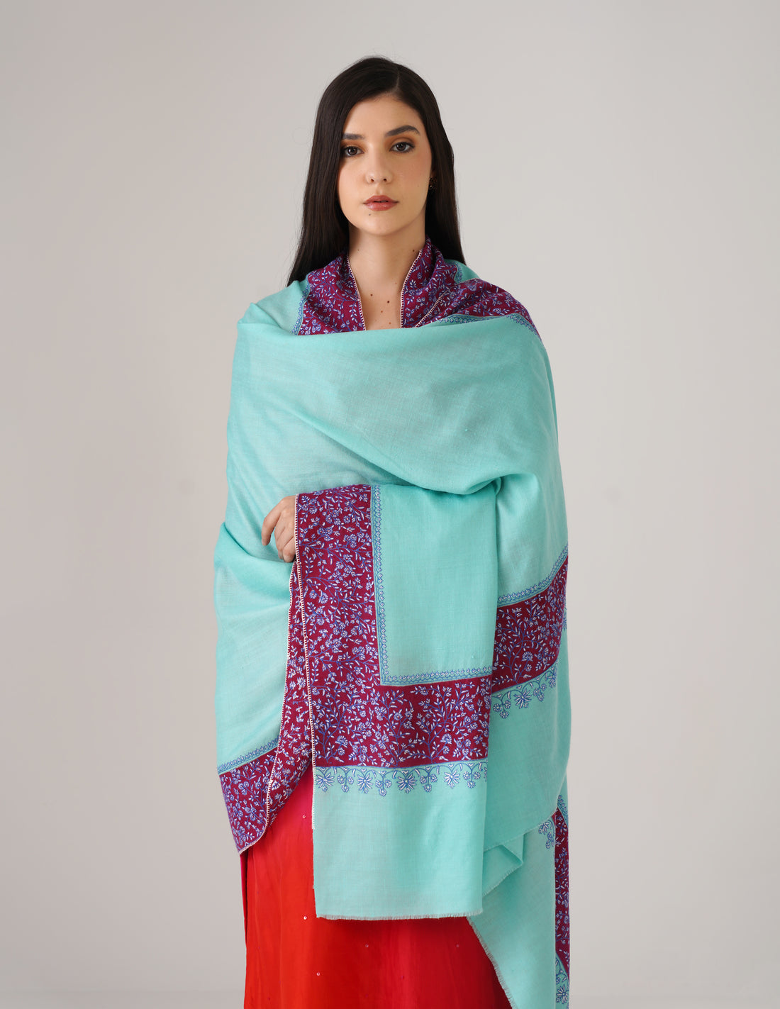 Kashmiri Handwoven Pashmina Sozni Shawl Modern Design – Turquoise | Blue &amp; White Sozni Heritage - Kashmir Box