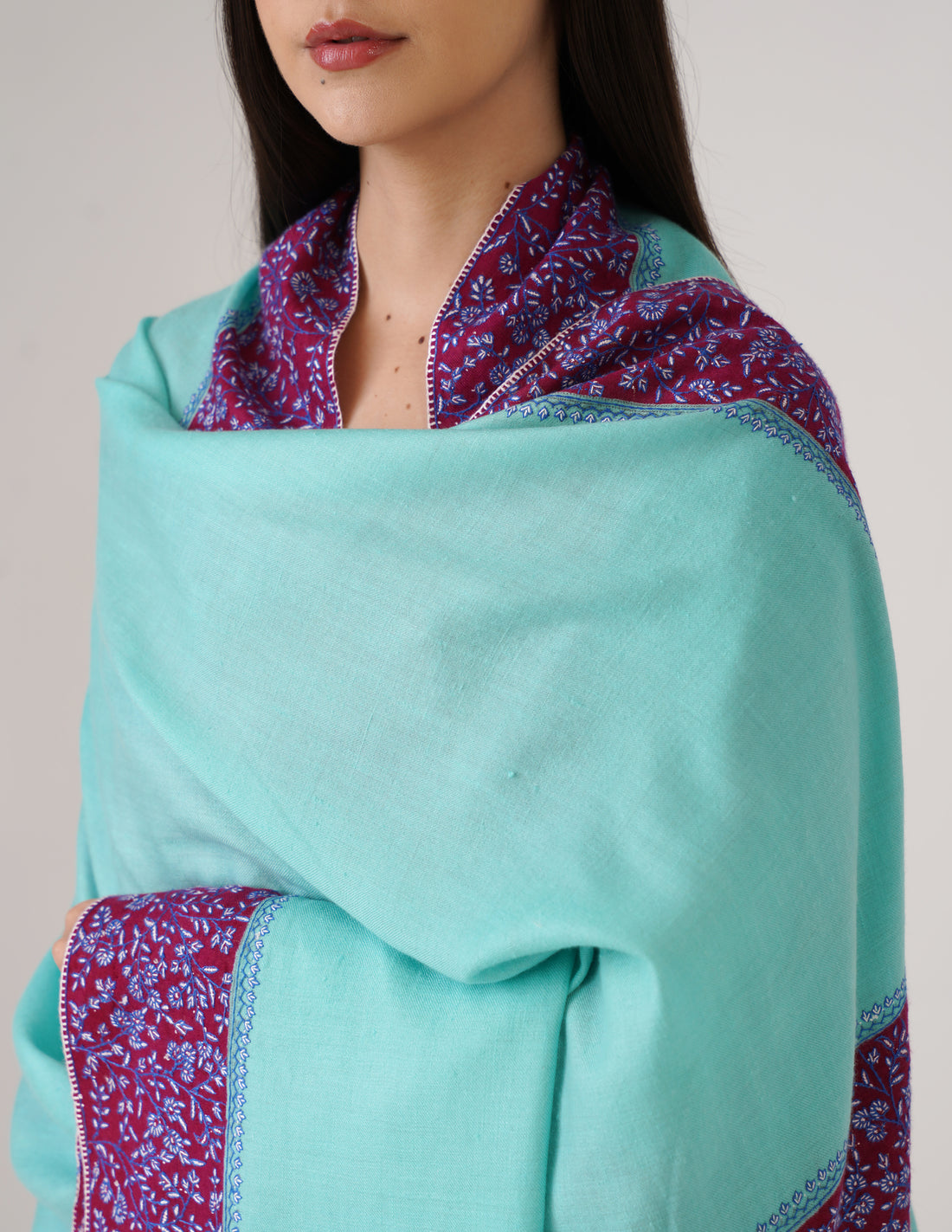 Kashmiri Handwoven Pashmina Sozni Shawl Modern Design – Turquoise | Blue &amp; White Sozni Heritage - Kashmir Box
