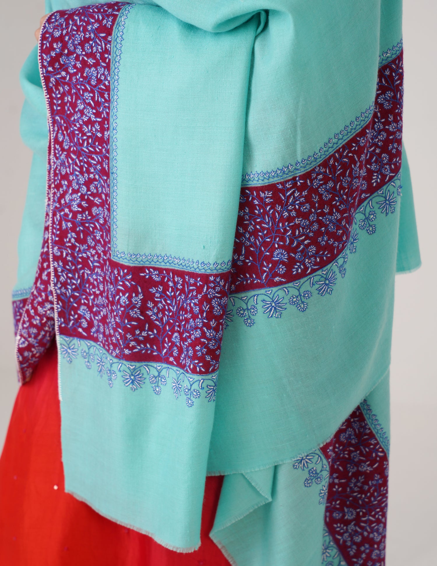 Kashmiri Handwoven Pashmina Sozni Shawl Modern Design – Turquoise | Blue &amp; White Sozni Heritage - Kashmir Box