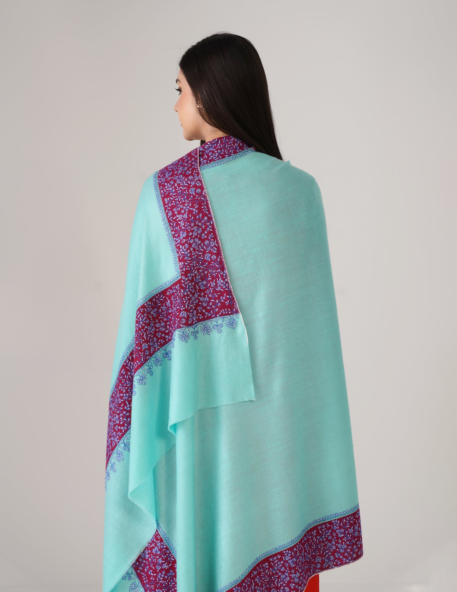 Kashmiri Handwoven Pashmina Sozni Shawl Modern Design – Turquoise | Blue &amp; White Sozni Heritage - Kashmir Box