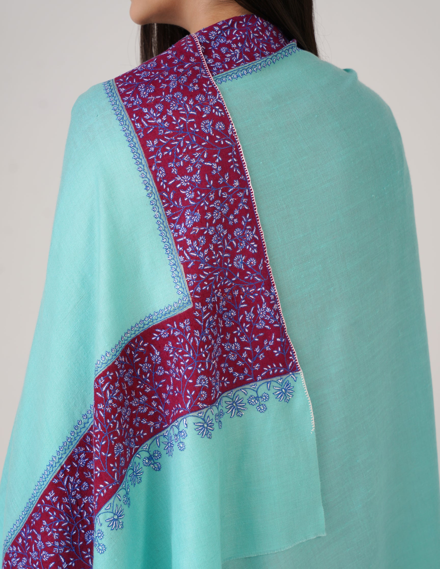 Kashmiri Handwoven Pashmina Sozni Shawl Modern Design – Turquoise | Blue &amp; White Sozni Heritage - Kashmir Box