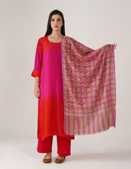 Kashmiri Handwoven Pashmina Sozni Stole Modern Jaal – Grey &amp; Purple Check | Handwoven Heritage - Kashmir Box