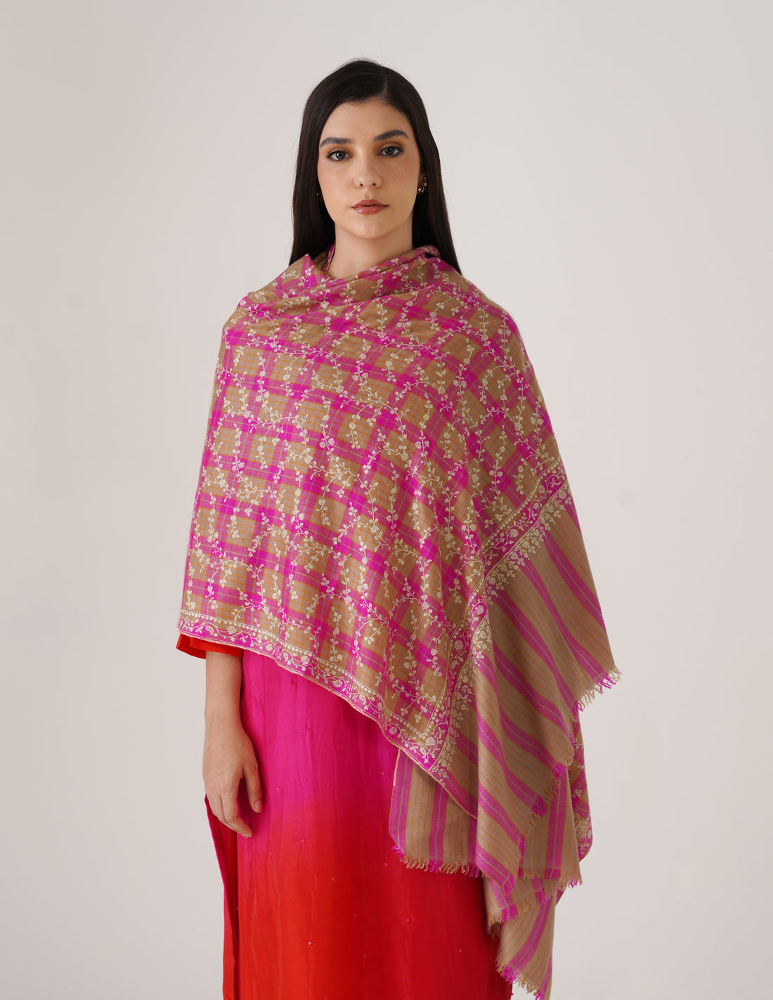 Kashmiri Handwoven Pashmina Sozni Stole Modern Jaal – Grey &amp; Purple Check | Handwoven Heritage - Kashmir Box