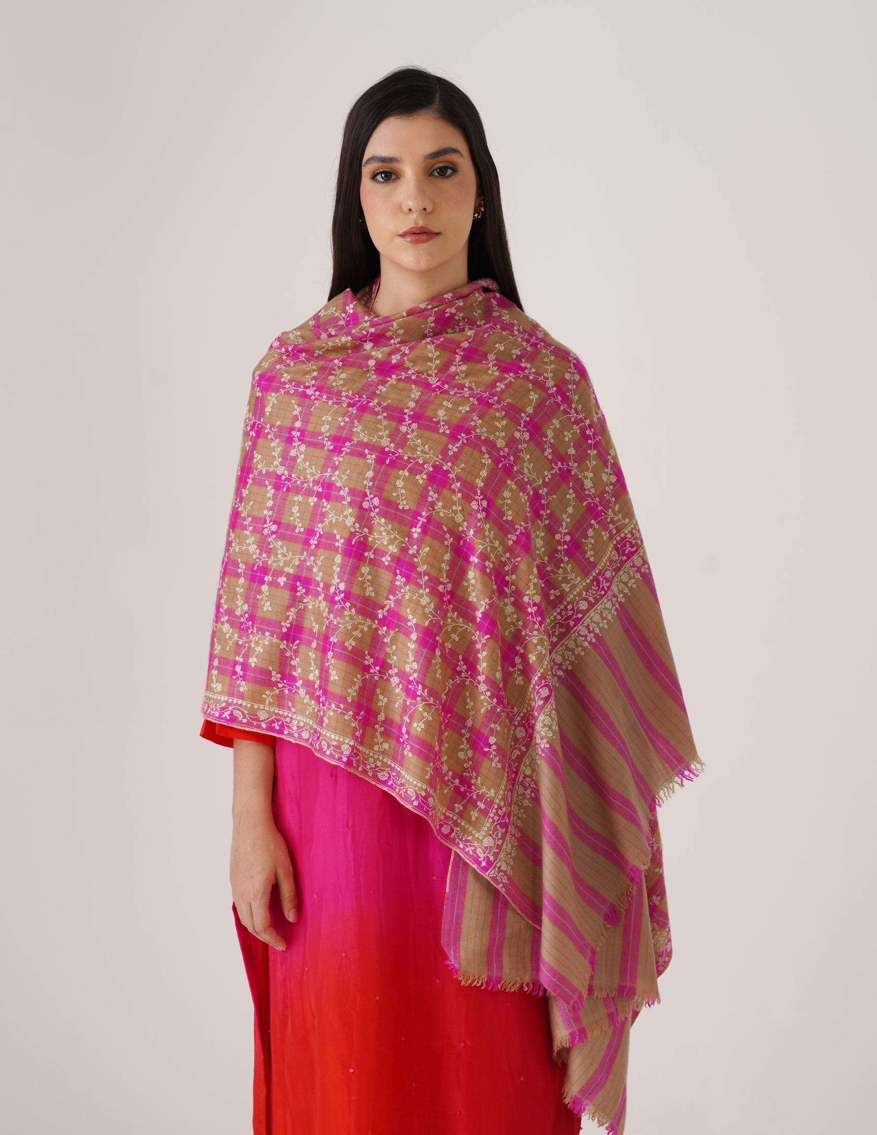 Kashmiri Handwoven Pashmina Sozni Stole Modern Jaal – Grey &amp; Purple Check | Handwoven Heritage - Kashmir Box