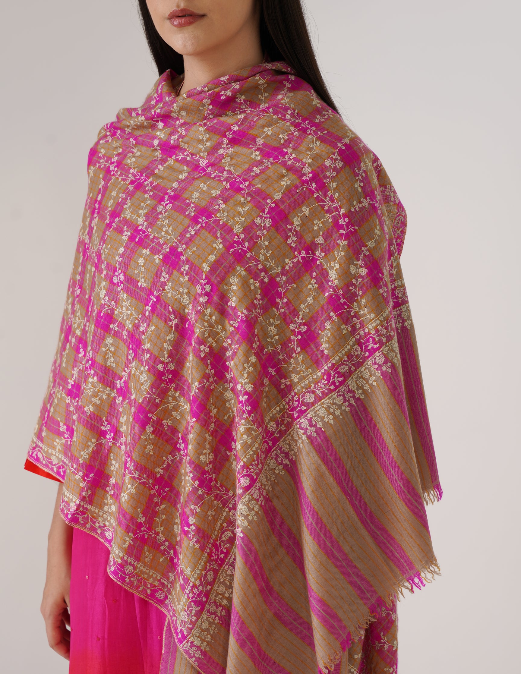 Kashmiri Handwoven Pashmina Sozni Stole Modern Jaal – Grey &amp; Purple Check | Handwoven Heritage - Kashmir Box