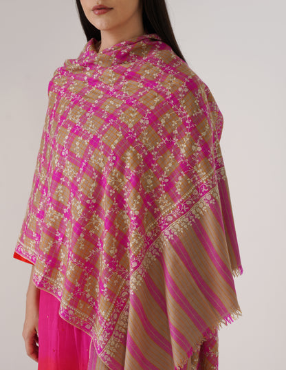 Kashmiri Handwoven Pashmina Sozni Stole Modern Jaal – Grey &amp; Purple Check | Handwoven Heritage - Kashmir Box