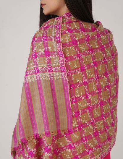 Kashmiri Handwoven Pashmina Sozni Stole Modern Jaal – Grey &amp; Purple Check | Handwoven Heritage - Kashmir Box