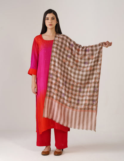 Kashmiri Handwoven Pashmina Sozni Stole Modern Check – Natural &amp; Baby Pink | Handwoven Heritage - Kashmir Box