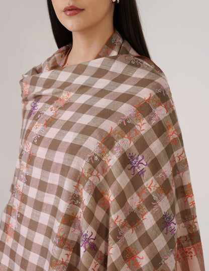 Kashmiri Handwoven Pashmina Sozni Stole Modern Check – Natural &amp; Baby Pink | Handwoven Heritage - Kashmir Box