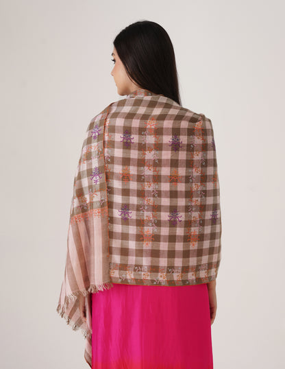 Kashmiri Handwoven Pashmina Sozni Stole Modern Check – Natural &amp; Baby Pink | Handwoven Heritage - Kashmir Box