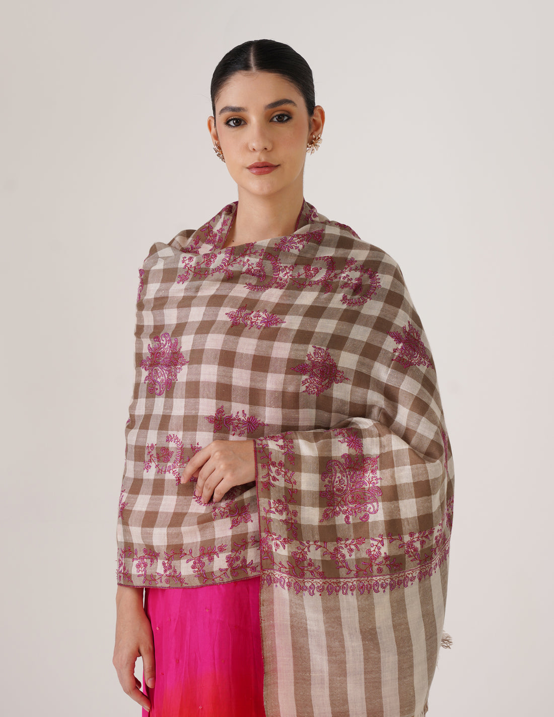 Kashmiri Handwoven Pashmina Sozni Stole Modern Check – Natural &amp; White | Handwoven Heritage - Kashmir Box