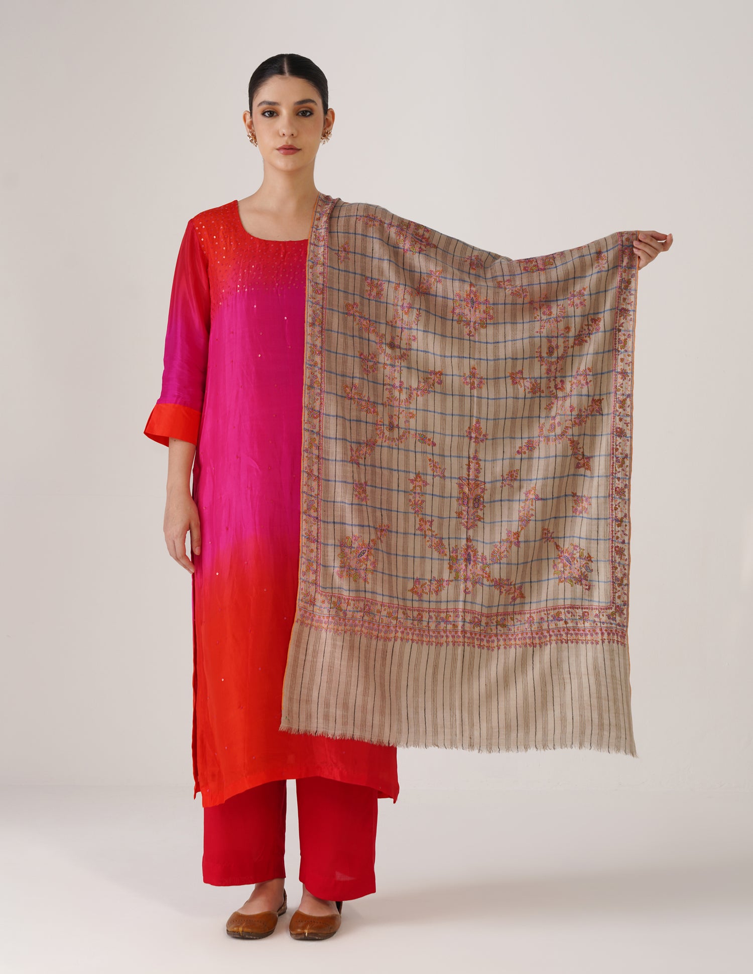 Kashmiri Handwoven Pashmina Sozni Stole Modern Check – Natural, Black &amp; Blue | Handwoven Heritage - Kashmir Box