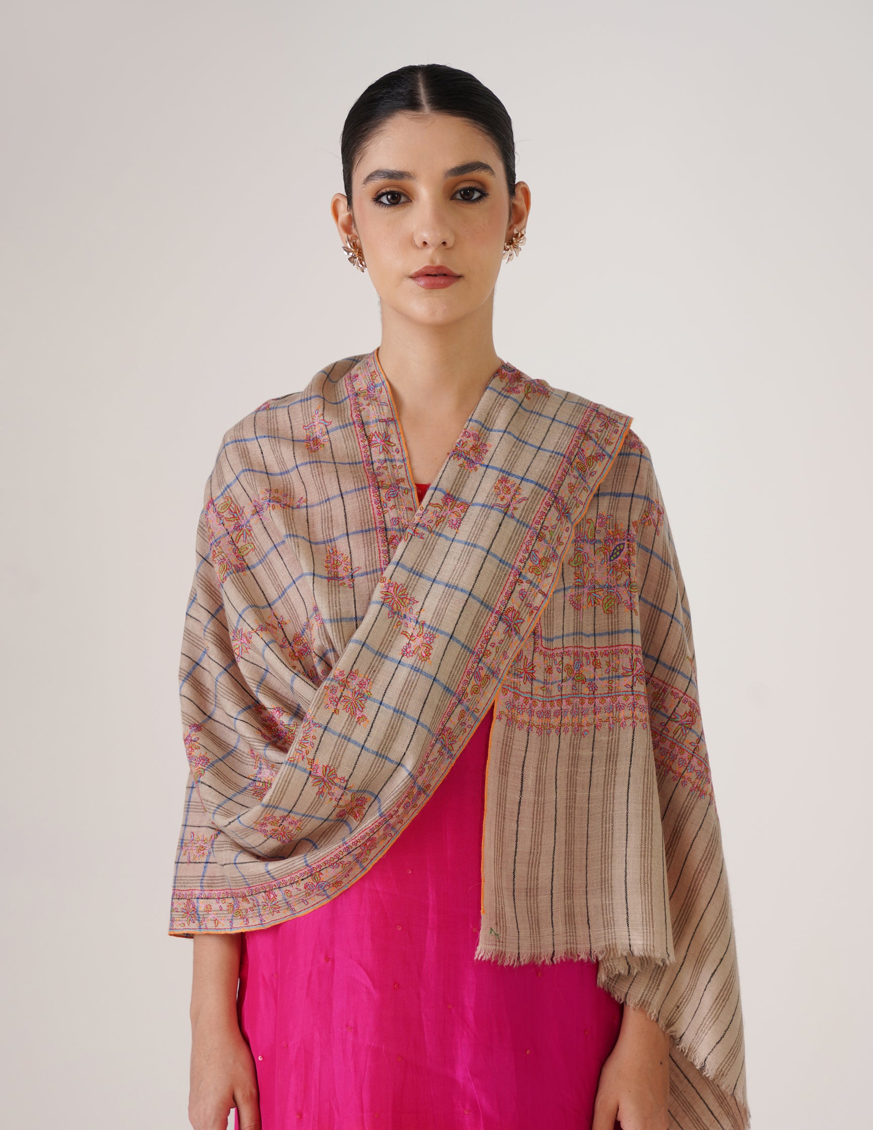 Kashmiri Handwoven Pashmina Sozni Stole Modern Check – Natural, Black &amp; Blue | Handwoven Heritage - Kashmir Box