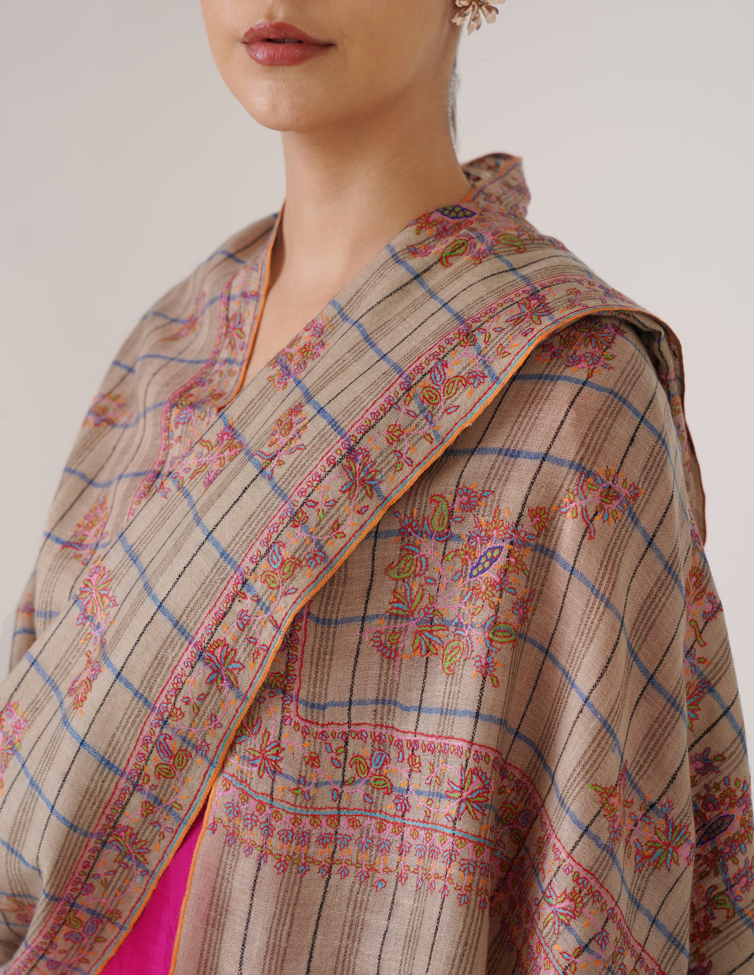 Kashmiri Handwoven Pashmina Sozni Stole Modern Check – Natural, Black &amp; Blue | Handwoven Heritage - Kashmir Box