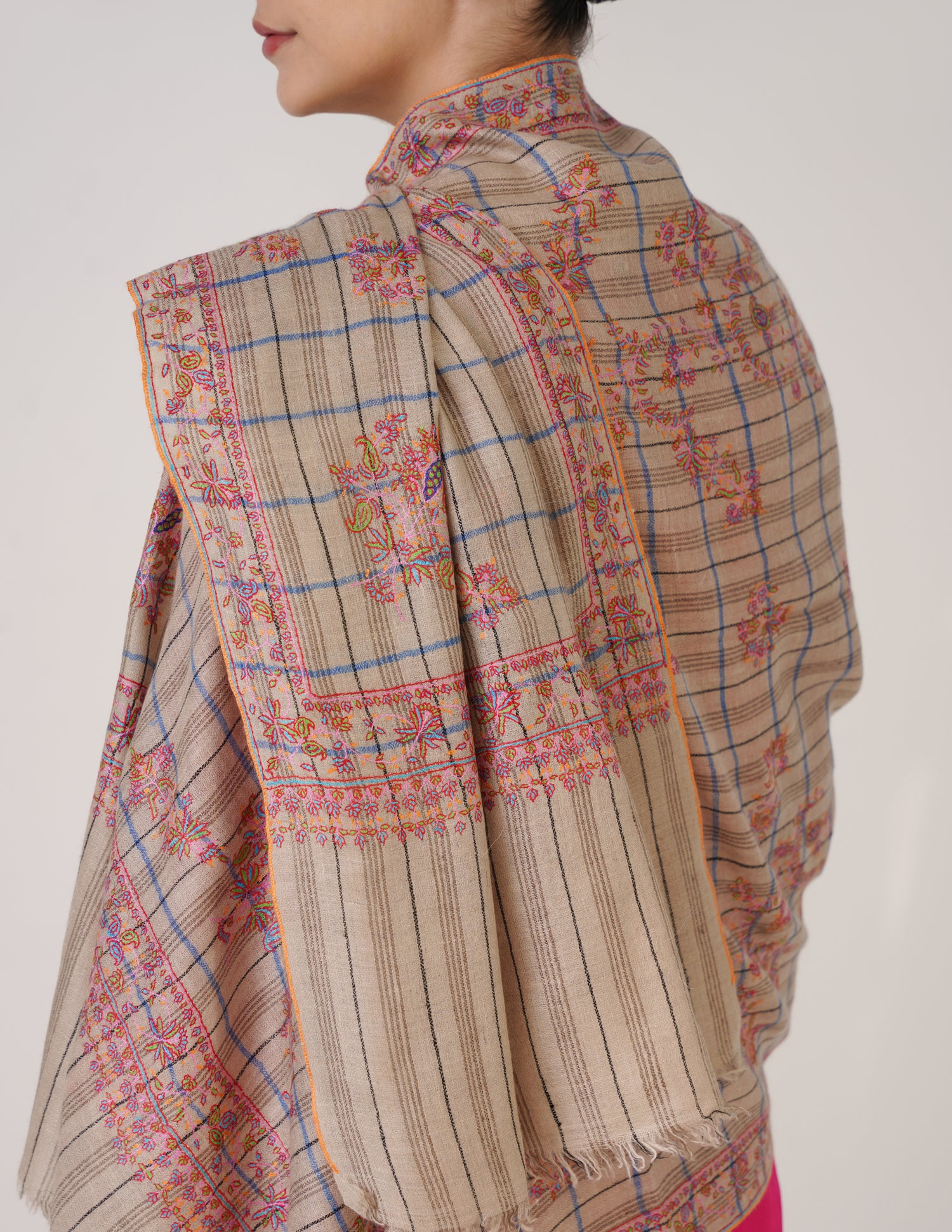 Kashmiri Handwoven Pashmina Sozni Stole Modern Check – Natural, Black &amp; Blue | Handwoven Heritage - Kashmir Box