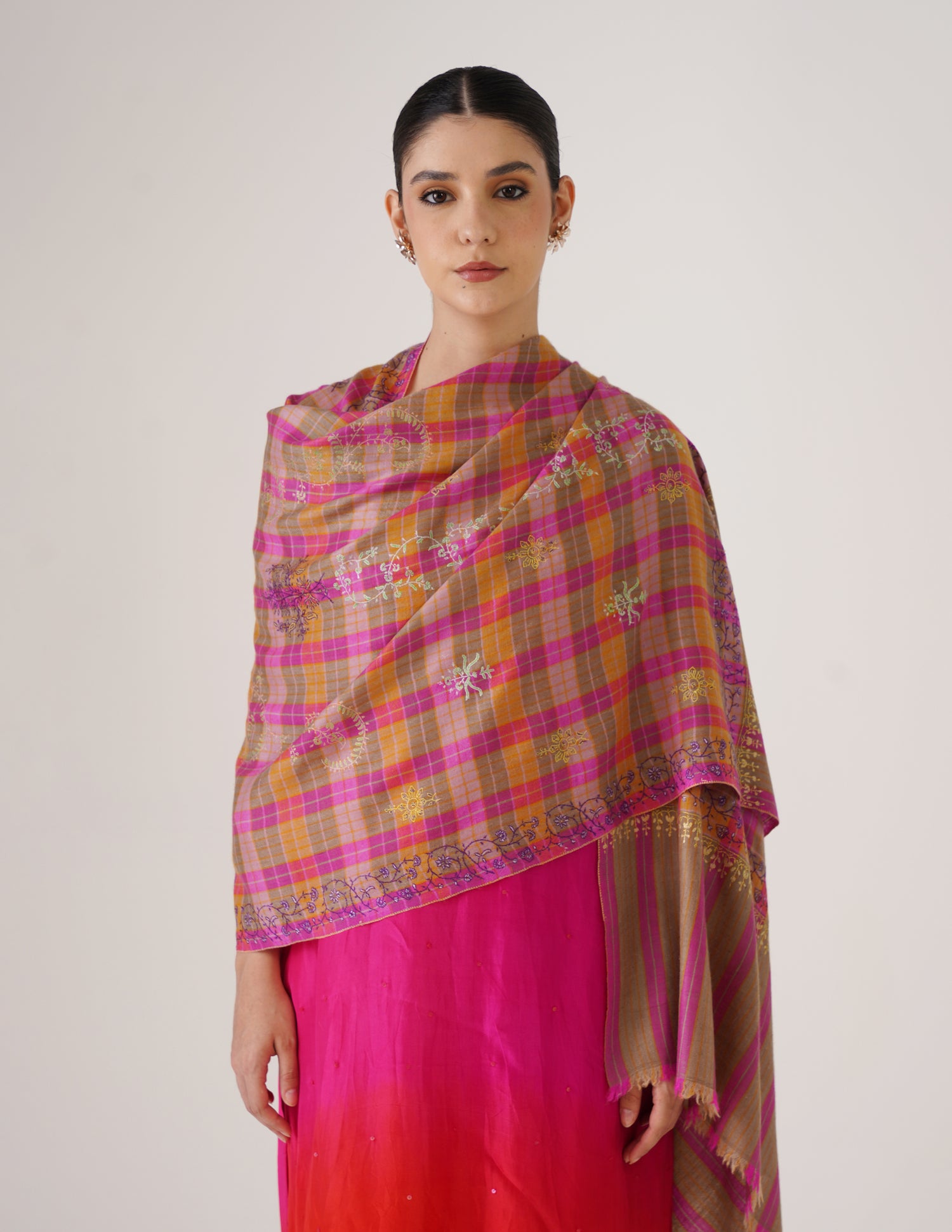 Kashmiri Handwoven Pashmina Sozni Stole Modern Design – Grey &amp; Purple | Handwoven Heritage - Kashmir Box