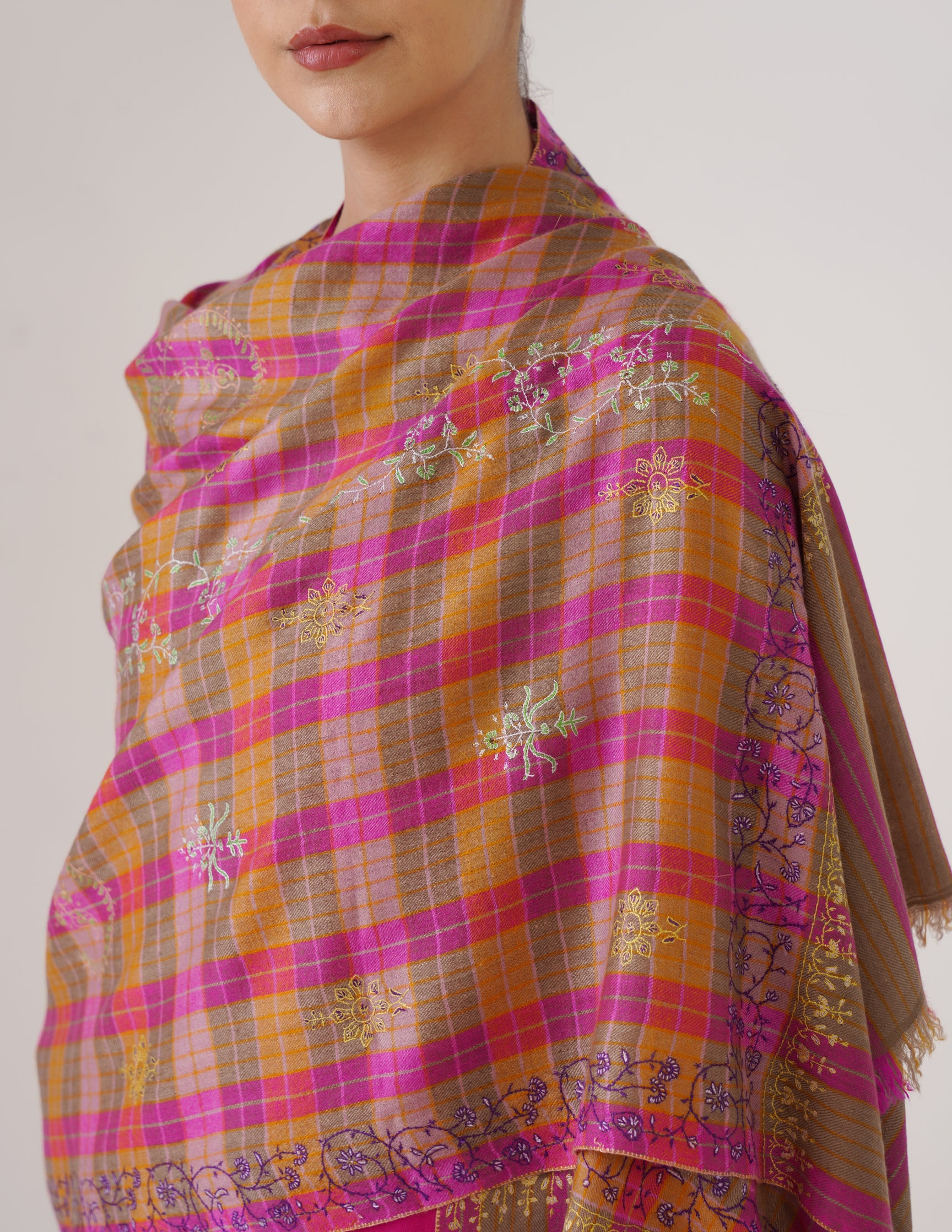 Kashmiri Handwoven Pashmina Sozni Stole Modern Design – Grey &amp; Purple | Handwoven Heritage - Kashmir Box