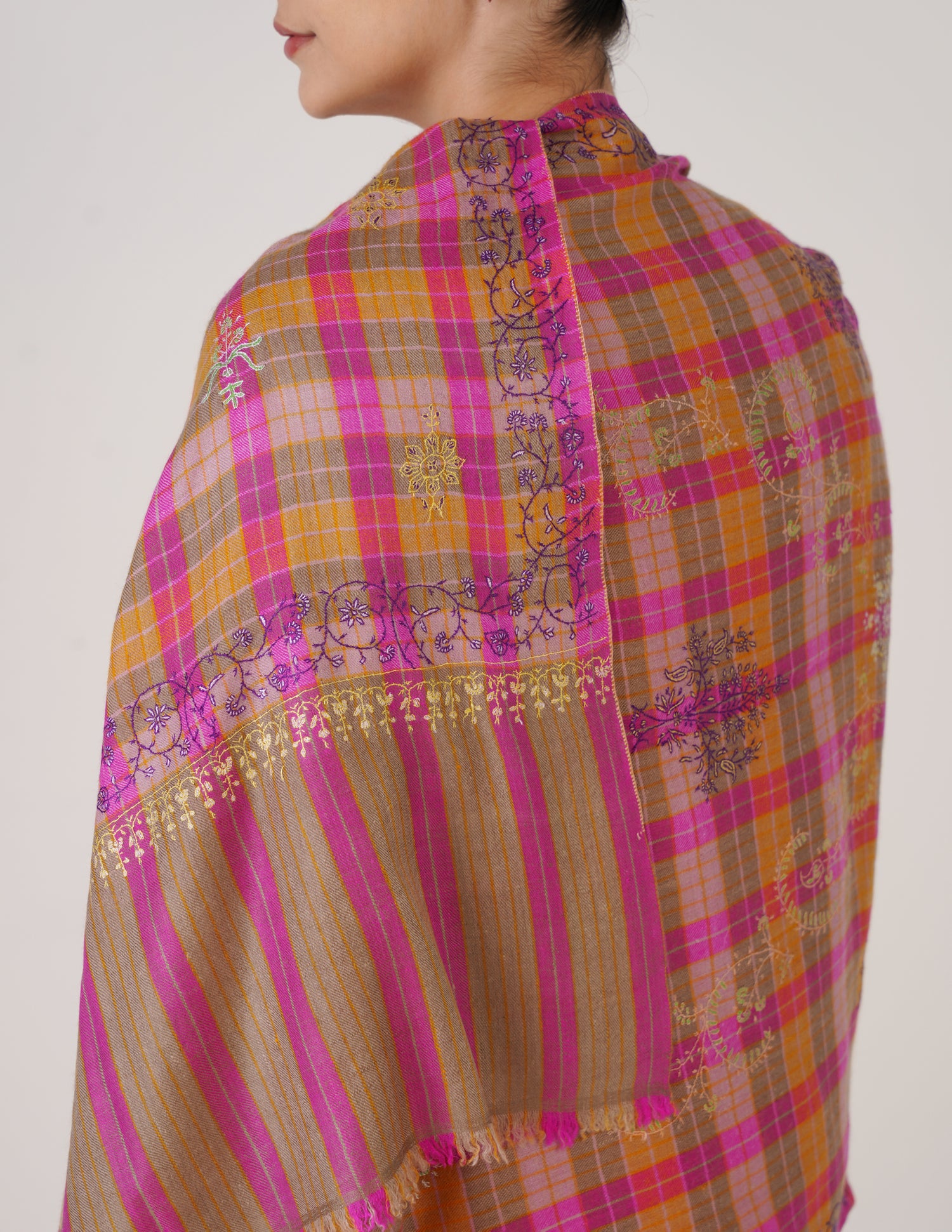Kashmiri Handwoven Pashmina Sozni Stole Modern Design – Grey &amp; Purple | Handwoven Heritage - Kashmir Box