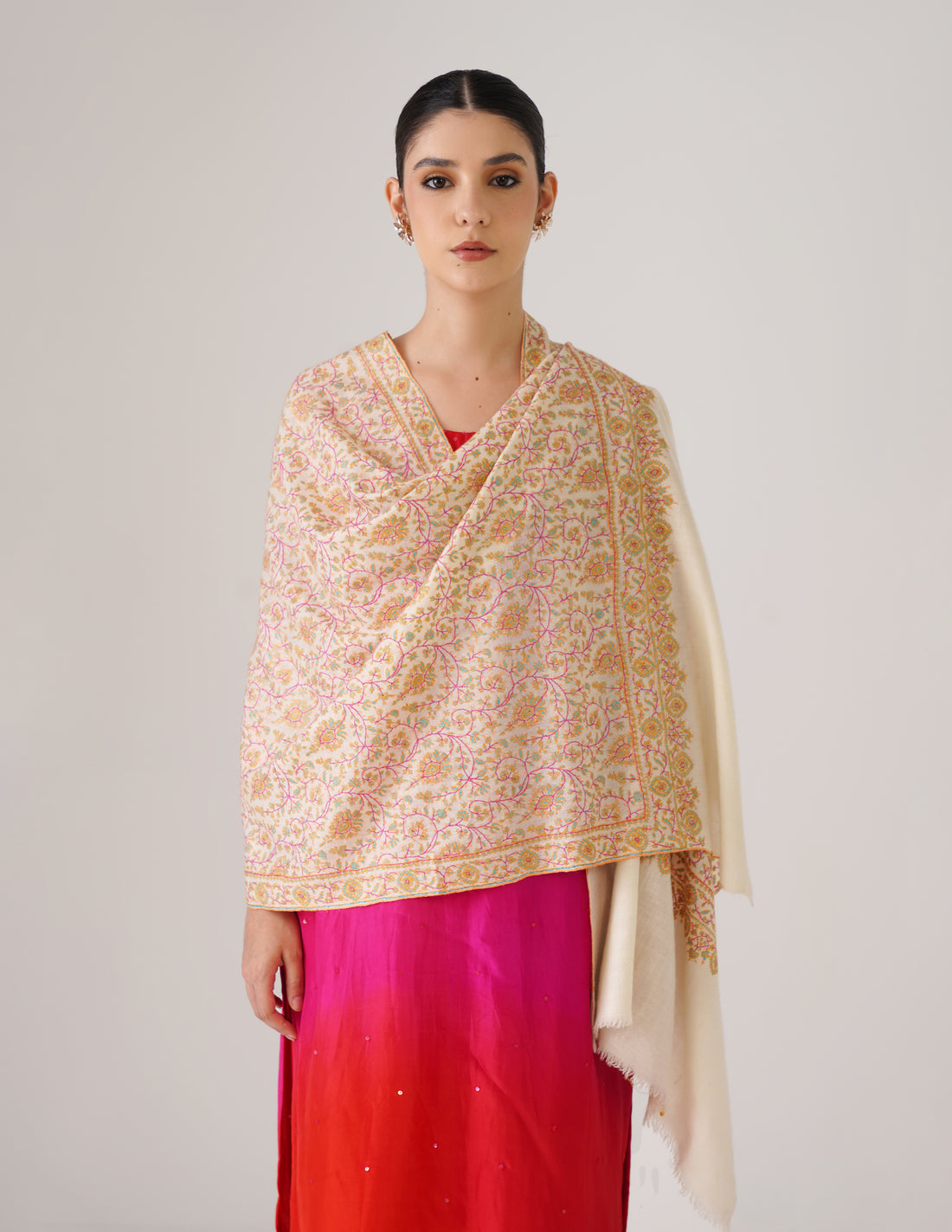 Kashmiri Handwoven Pashmina Sozni Stole Neem Jama – Off White | Handwoven Heritage - Kashmir Box