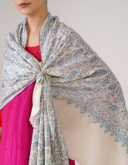 Kashmiri Handwoven Pashmina Sozni Stole Heavy Jaalidar – White | Handwoven Heritage - Kashmir Box