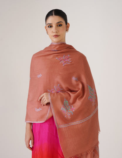 Kashmiri Handwoven Pashmina Sozni Stole Bootidar – Peach | Handwoven Heritage - Kashmir Box