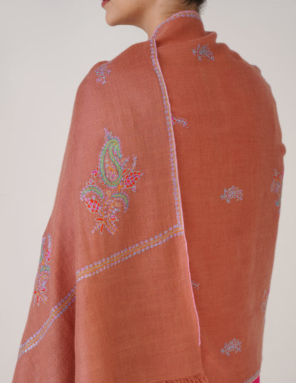 Kashmiri Handwoven Pashmina Sozni Stole Bootidar – Peach | Handwoven Heritage - Kashmir Box