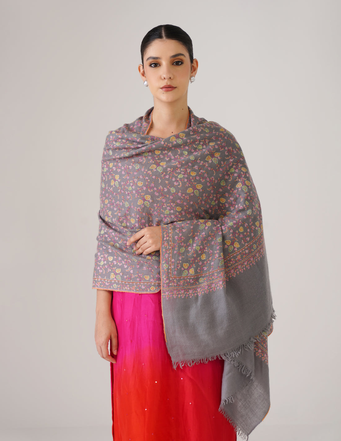 Kashmiri Handwoven Pashmina Sozni Stole Heavy Jaalidar – Grey | Handwoven Heritage - Kashmir Box
