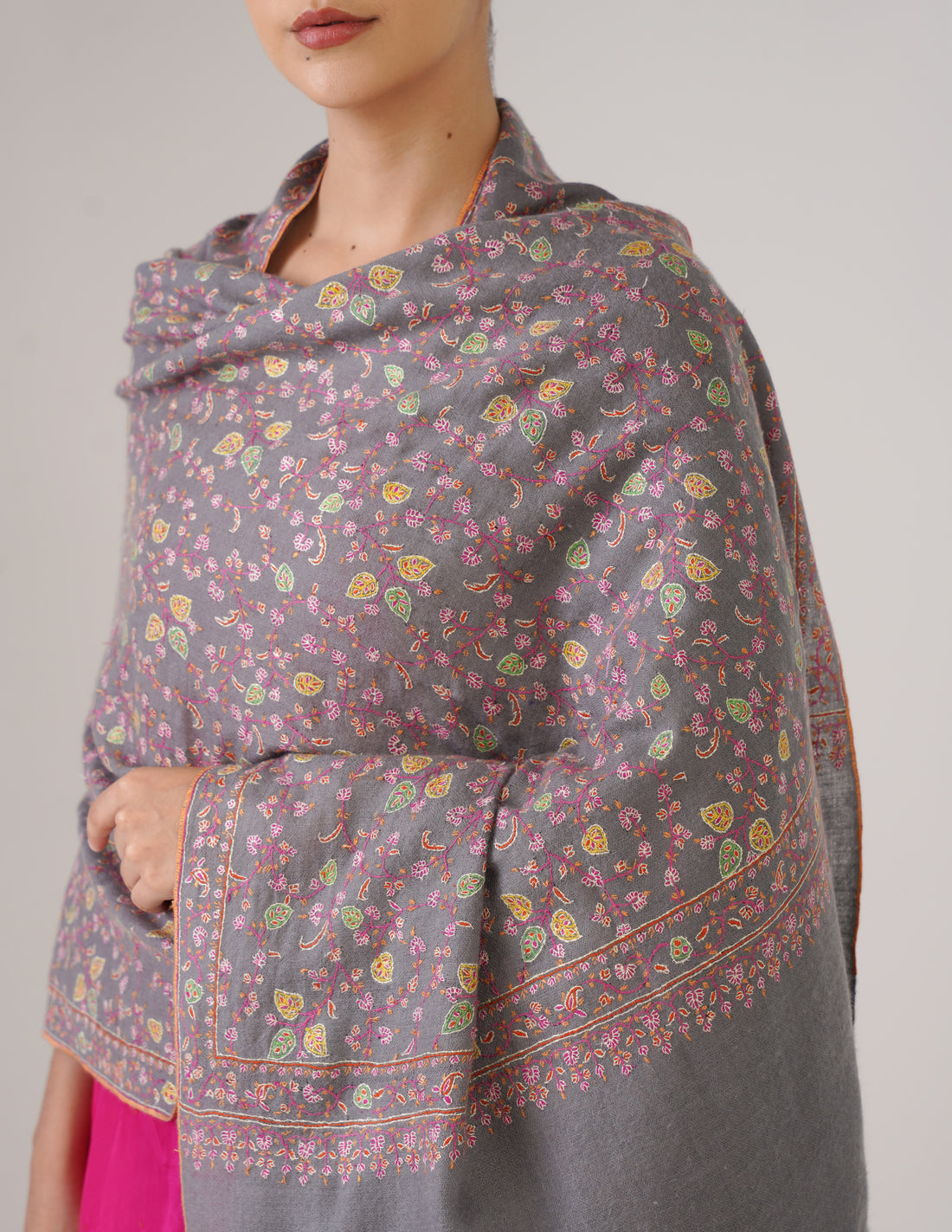 Kashmiri Handwoven Pashmina Sozni Stole Heavy Jaalidar – Grey | Handwoven Heritage - Kashmir Box