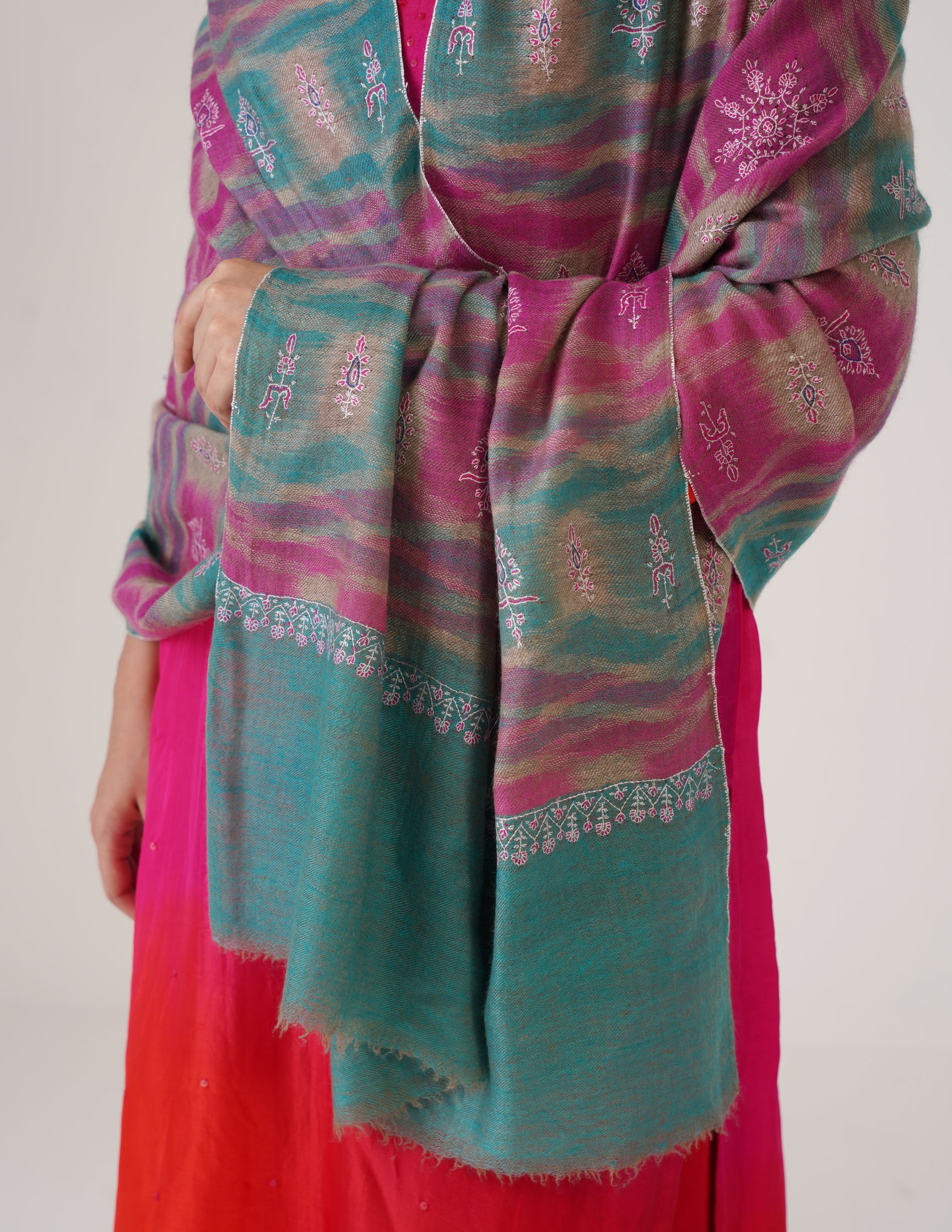 Kashmiri Handwoven Pashmina Sozni Stole Modern Ikkat – Turquoise &amp; Purple | Handwoven Heritage - Kashmir Box