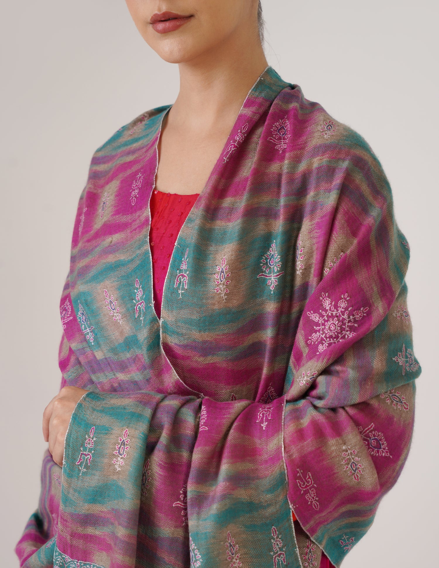 Kashmiri Handwoven Pashmina Sozni Stole Modern Ikkat – Turquoise &amp; Purple | Handwoven Heritage - Kashmir Box