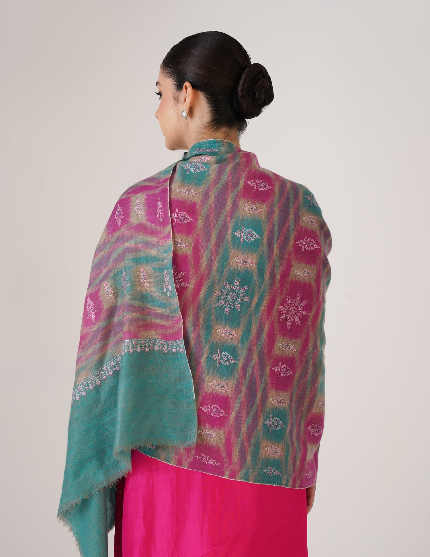 Kashmiri Handwoven Pashmina Sozni Stole Modern Ikkat – Turquoise &amp; Purple | Handwoven Heritage - Kashmir Box
