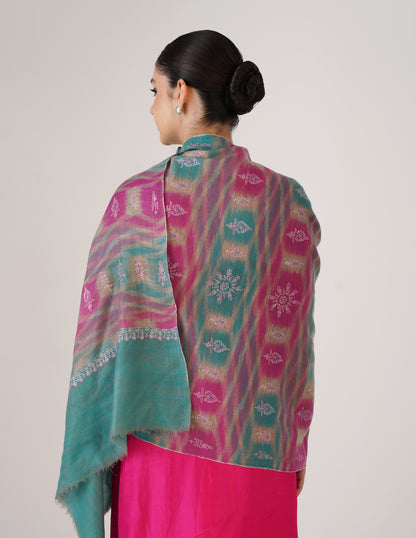 Kashmiri Handwoven Pashmina Sozni Stole Modern Ikkat – Turquoise &amp; Purple | Handwoven Heritage - Kashmir Box