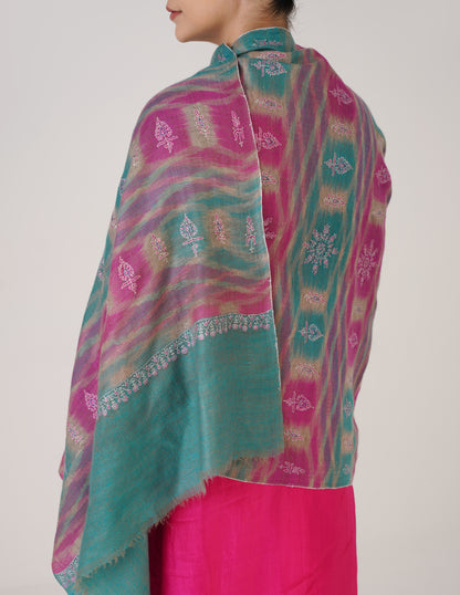 Kashmiri Handwoven Pashmina Sozni Stole Modern Ikkat – Turquoise &amp; Purple | Handwoven Heritage - Kashmir Box