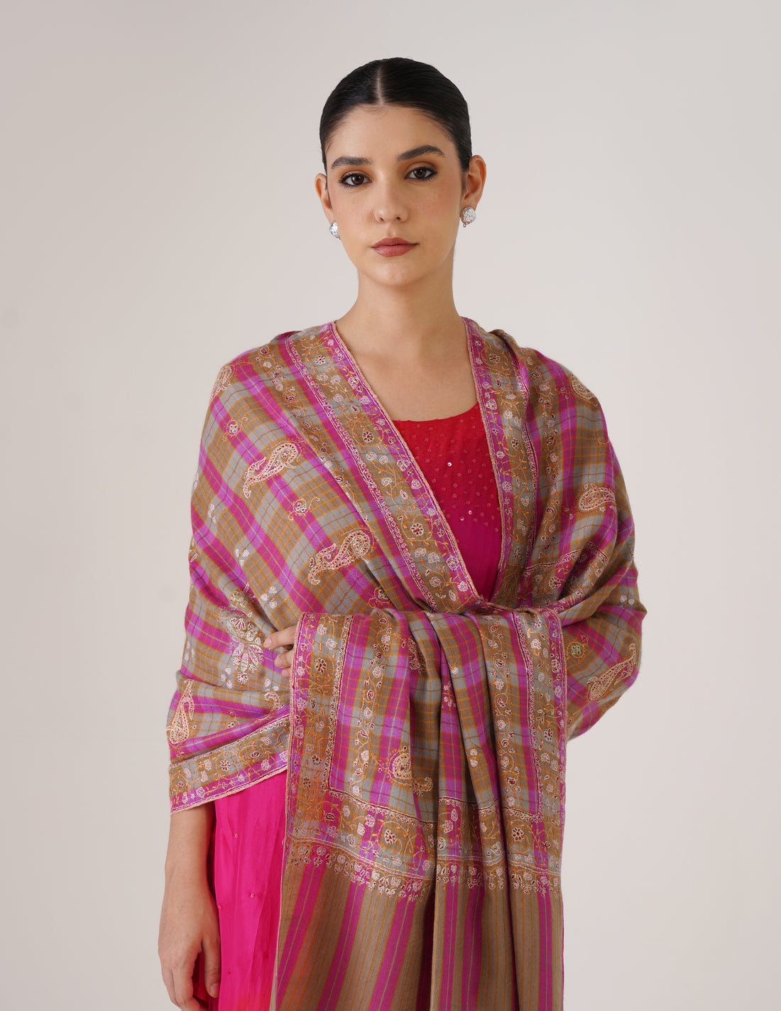 Kashmiri Handwoven Pashmina Sozni Stole Modern Check – Brown &amp; Purple | Handwoven Heritage - Kashmir Box