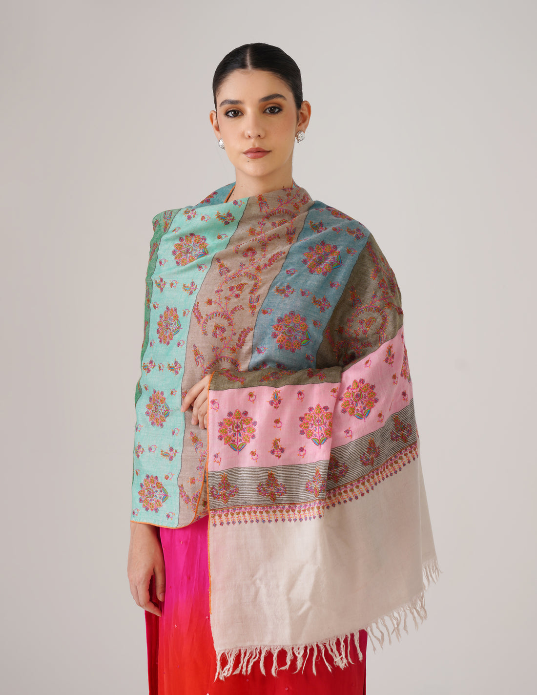 Kashmiri Handwoven Pashmina Sozni Stole Modern Stripes – Multicoloured | Handwoven Heritage - Kashmir Box