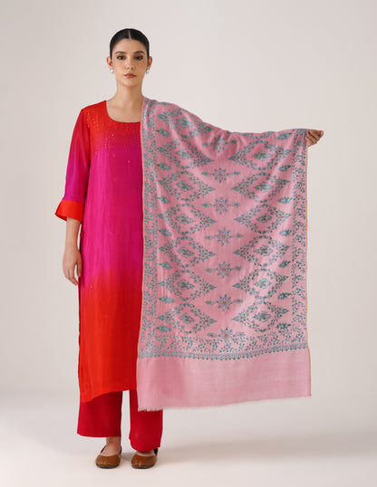 Kashmiri Handwoven Pashmina Sozni Stole Modern Design – Orchid Pink with Green Embroidery | Handwoven Heritage - Kashmir Box