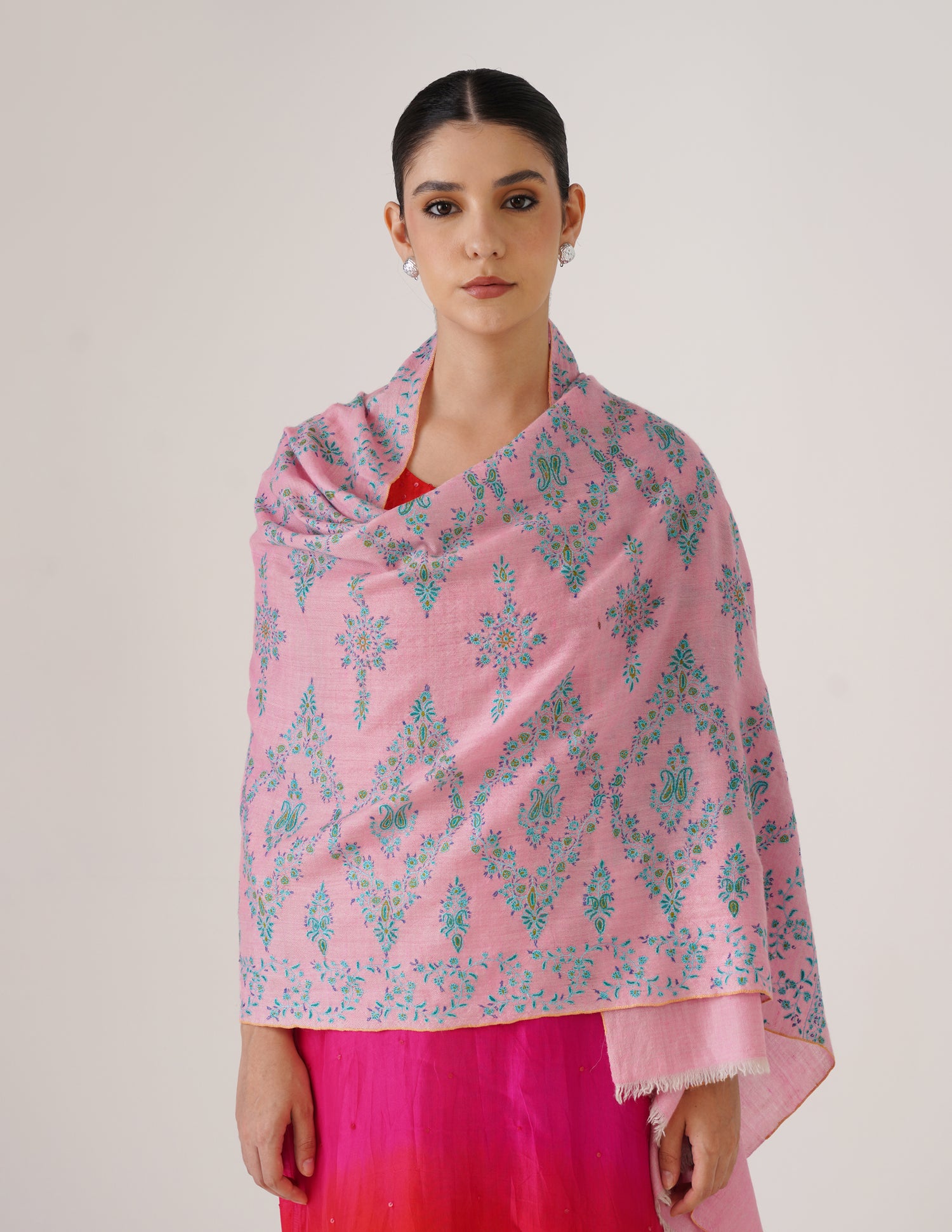 Kashmiri Handwoven Pashmina Sozni Stole Modern Design – Orchid Pink with Green Embroidery | Handwoven Heritage - Kashmir Box