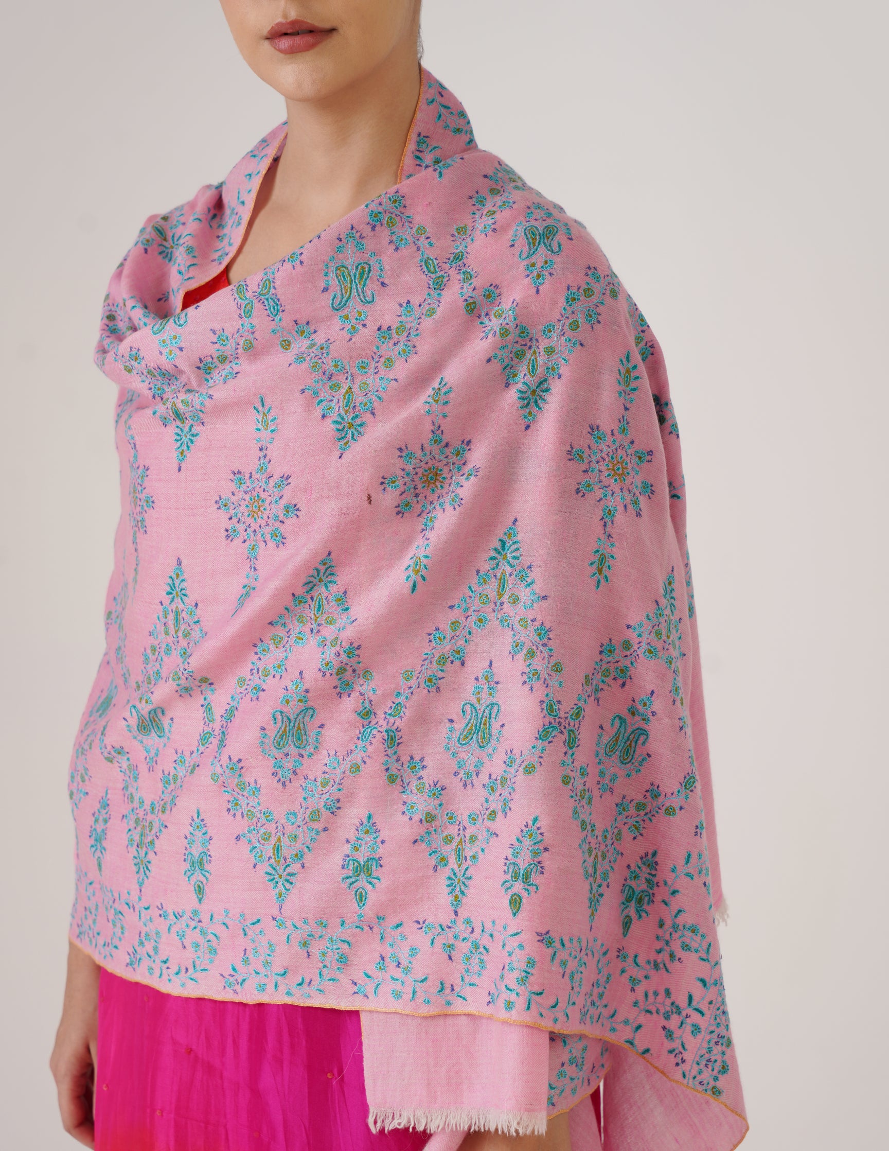 Kashmiri Handwoven Pashmina Sozni Stole Modern Design – Orchid Pink with Green Embroidery | Handwoven Heritage - Kashmir Box