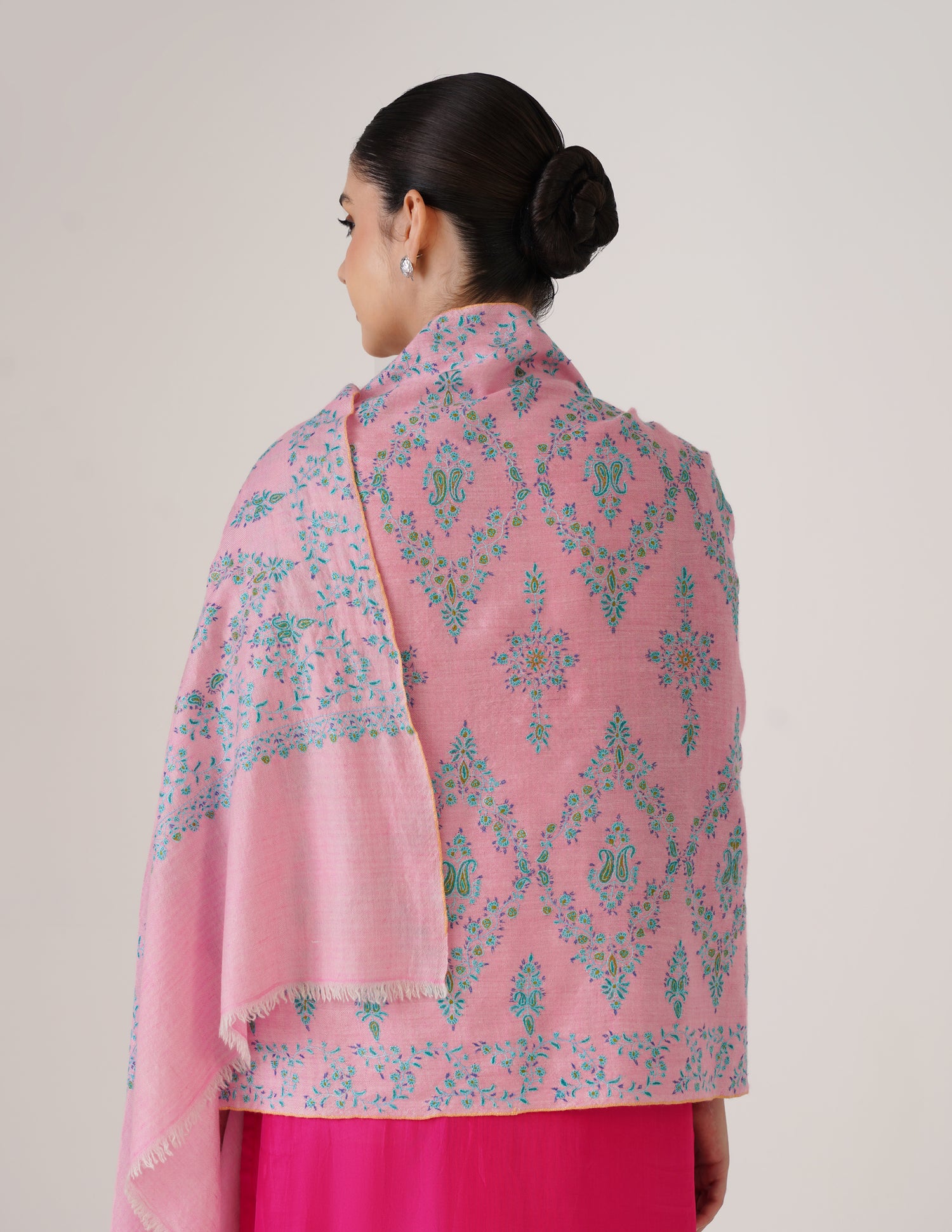 Kashmiri Handwoven Pashmina Sozni Stole Modern Design – Orchid Pink with Green Embroidery | Handwoven Heritage - Kashmir Box