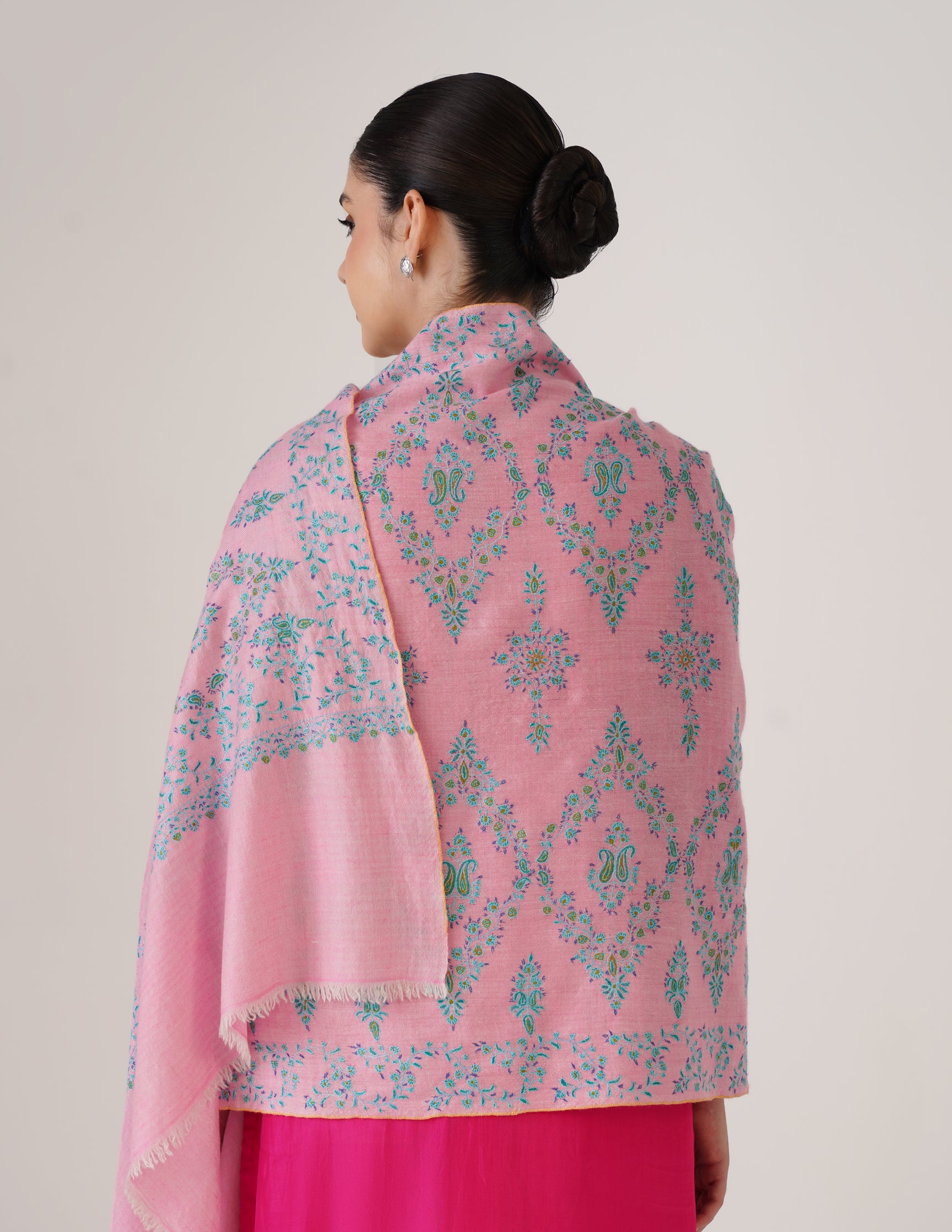 Kashmiri Handwoven Pashmina Sozni Stole Modern Design – Orchid Pink with Green Embroidery | Handwoven Heritage - Kashmir Box