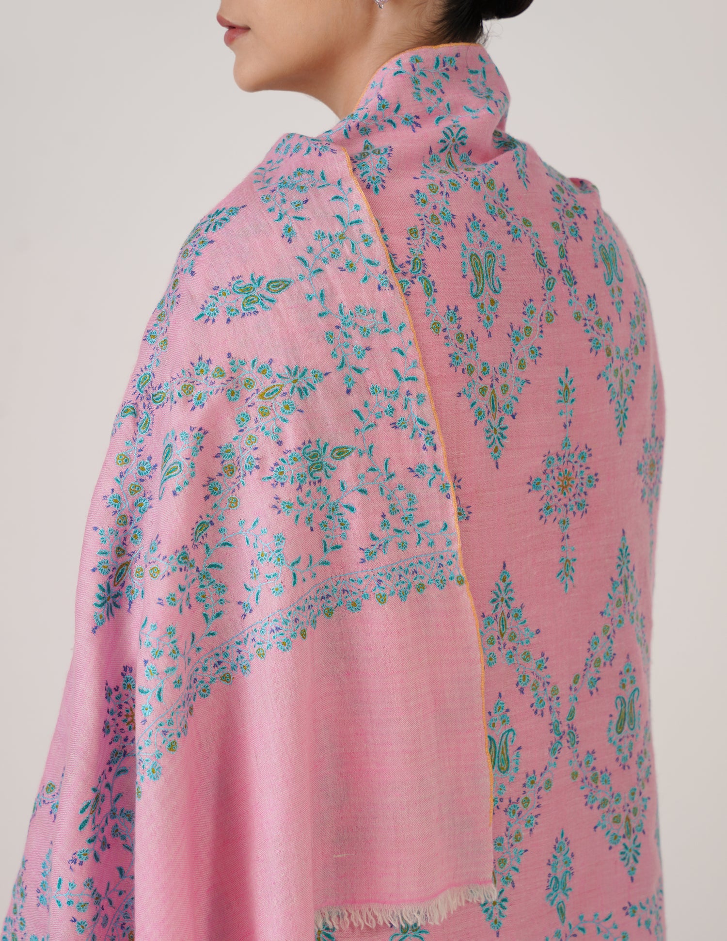 Kashmiri Handwoven Pashmina Sozni Stole Modern Design – Orchid Pink with Green Embroidery | Handwoven Heritage - Kashmir Box
