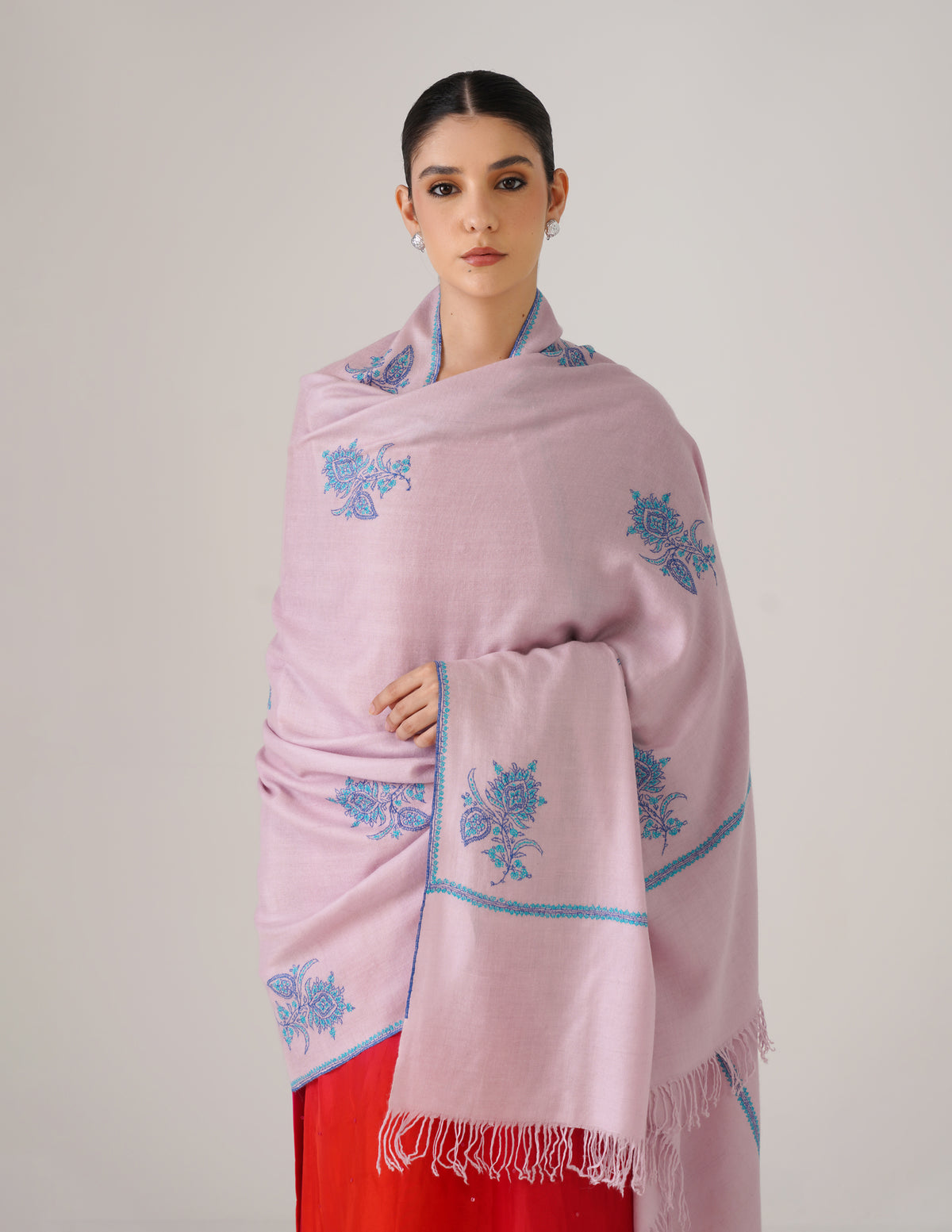 Kashmiri Handwoven Pashmina Sozni Shawl Hashidaar with Bootidar Motifs – Baby Pink | Turquoise &amp; Blue Heritage - Kashmir Box