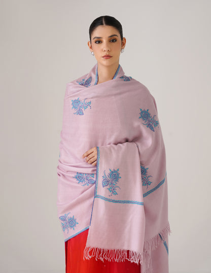 Kashmiri Handwoven Pashmina Sozni Shawl Hashidaar with Bootidar Motifs – Baby Pink | Turquoise &amp; Blue Heritage - Kashmir Box