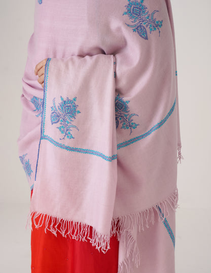 Kashmiri Handwoven Pashmina Sozni Shawl Hashidaar with Bootidar Motifs – Baby Pink | Turquoise &amp; Blue Heritage - Kashmir Box