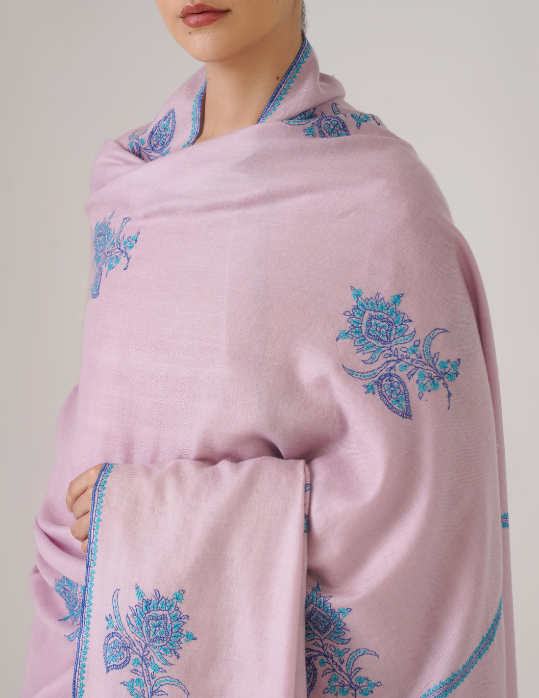 Kashmiri Handwoven Pashmina Sozni Shawl Hashidaar with Bootidar Motifs – Baby Pink | Turquoise &amp; Blue Heritage - Kashmir Box