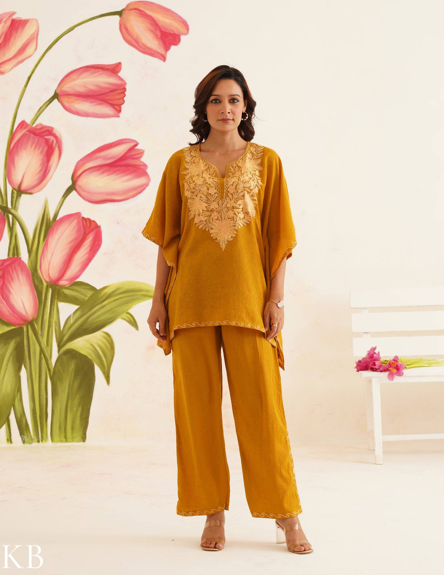 Mustard Brown Aari Embroidered Cotton Kaftan Set Comfortable Loose-Fit Coordinated Outfit Summer Ethnic Wear