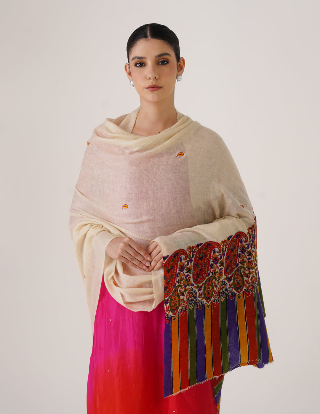 Kashmiri Handwoven Pashmina Sozni Shawl Modern Design – Off White | Multicolour Heritage - Kashmir Box