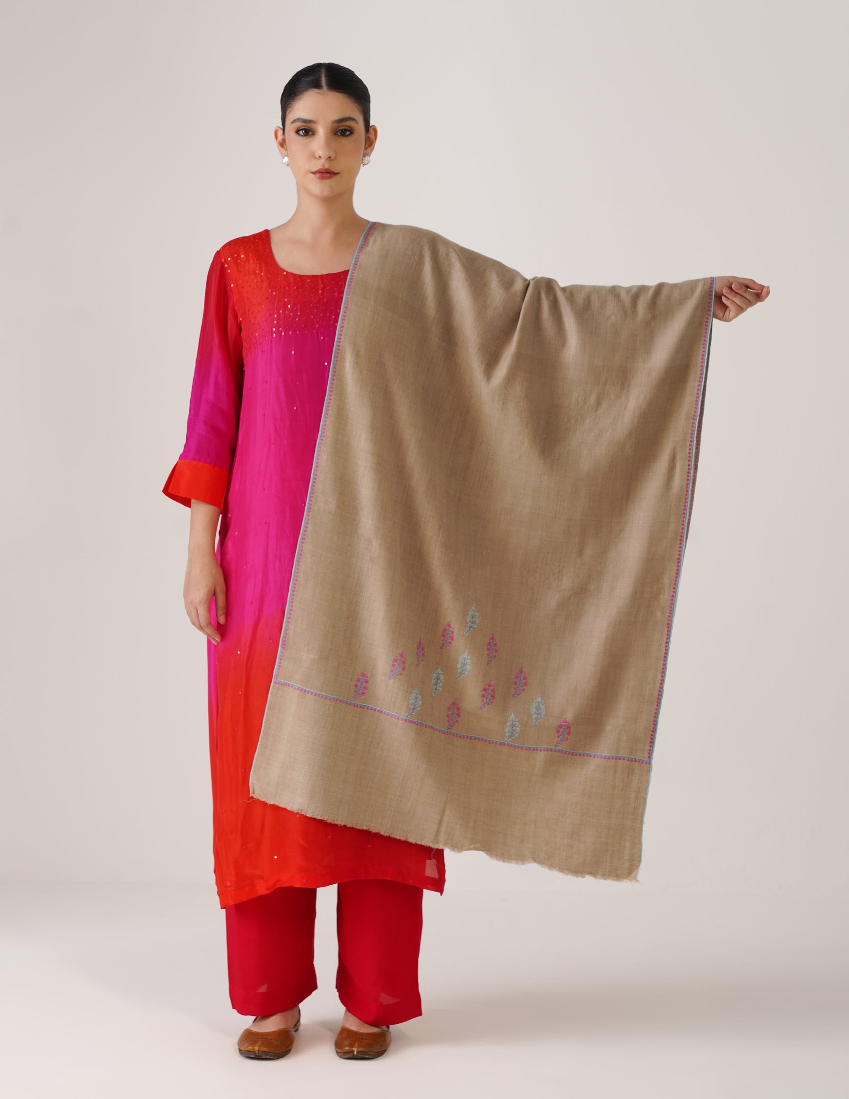 Kashmiri Handwoven Pashmina Sozni Stole Bootidaar – Natural | Handwoven Heritage - Kashmir Box