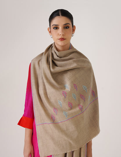 Kashmiri Handwoven Pashmina Sozni Stole Bootidaar – Natural | Handwoven Heritage - Kashmir Box